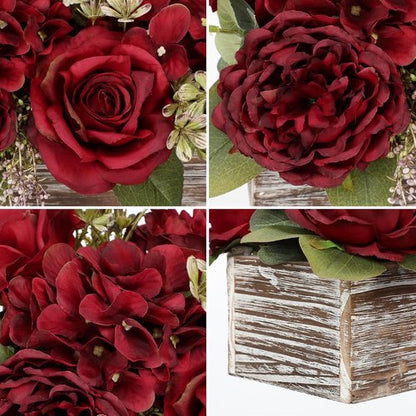 Flower Arrangement | Skiennix 14" Artificial Flowers in Wooden Vase - Red Roses, Peonies & Hydrangeas for Table Decor