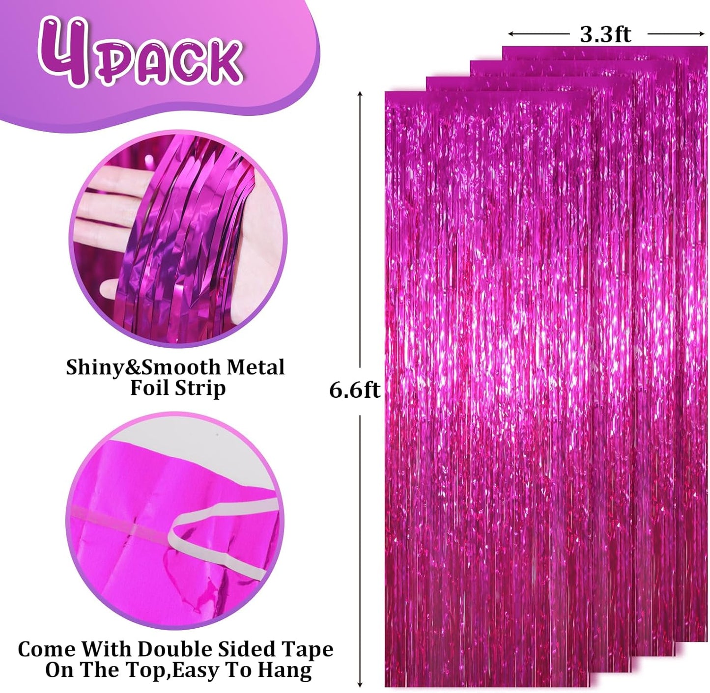 Voircoloria Pink Foil Fringe Backdrop Curtains - 4 Pack Tinsel Streamers for Parties & Events