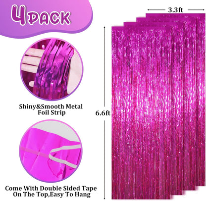Voircoloria Pink Foil Fringe Backdrop Curtains - 4 Pack Tinsel Streamers for Parties & Events
