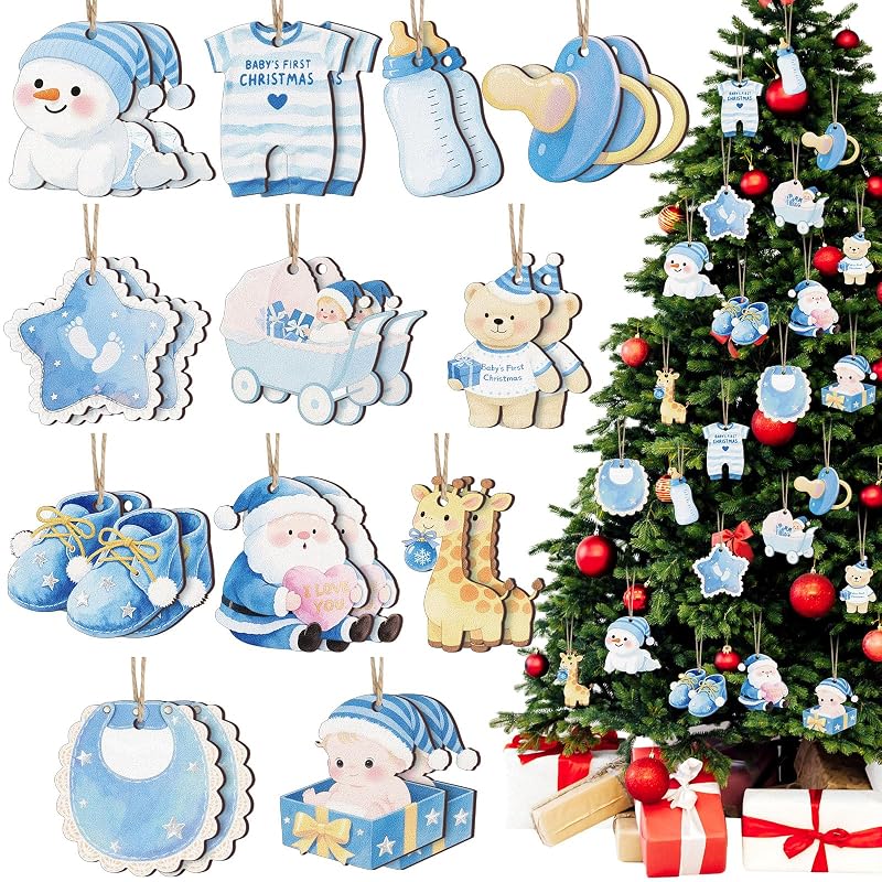 Baby's First Christmas Ornaments 24 Pcs Wooden Keepsake - Blue Boy, 12 Styles (Variation: Boy)
