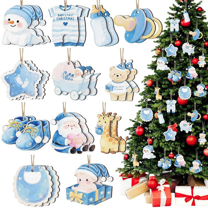 Baby's First Christmas Ornaments 24 Pcs Wooden Keepsake - Blue Boy, 12 Styles (Variation: Boy)