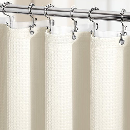 Dynamene Long Shower Curtain and Liner Set - 78 inch Tall Waffle Fabric, Waterproof Clear Liner, Heavy Duty Weighted Hotel Luxury Cloth Shower Curtains for Bathroom with 12 Hooks, 72x78, Ivory
