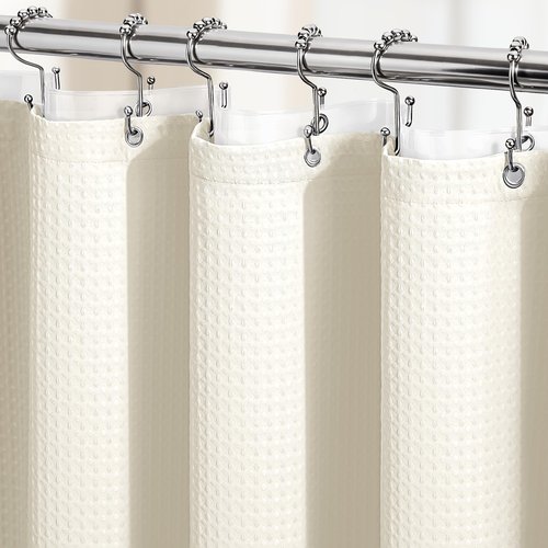 Dynamene Long Shower Curtain and Liner Set - 78 inch Tall Waffle Fabric, Waterproof Clear Liner, Heavy Duty Weighted Hotel Luxury Cloth Shower Curtains for Bathroom with 12 Hooks, 72x78, Ivory