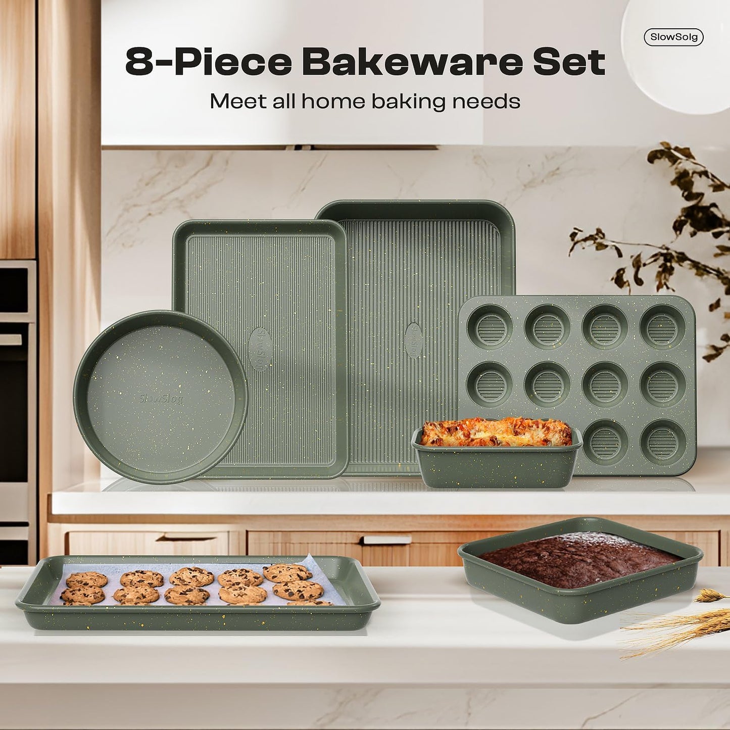 Skiennix 8-Piece Nonstick Bakeware Set - Stackable Oven Pans with Cooling Rack & Ceramic Coating | Green