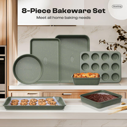 Skiennix 8-Piece Nonstick Bakeware Set - Stackable Oven Pans with Cooling Rack & Ceramic Coating | Green