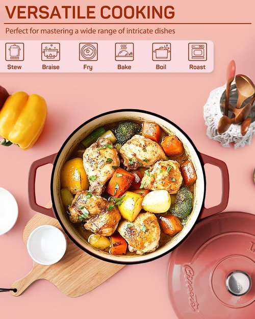 Ciwete Enameled Cast Iron Dutch Oven - 4.4 Quart Heavy-Duty Pot with Lid & Potholders - Ideal for Baking, Braising & Roasting - Oven Safe up to 500°F - Red