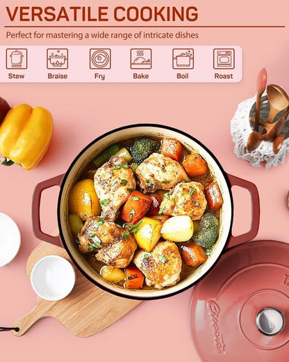 Ciwete Enameled Cast Iron Dutch Oven - 4.4 Quart Heavy-Duty Pot with Lid & Potholders - Ideal for Baking, Braising & Roasting - Oven Safe up to 500°F - Red