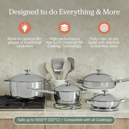 Our Place Titanium Pro Cookware Set - 10-Piece Non-Toxic Pots and Pans | Induction & Oven-Safe Up to 1000°F | Chrome Finish
