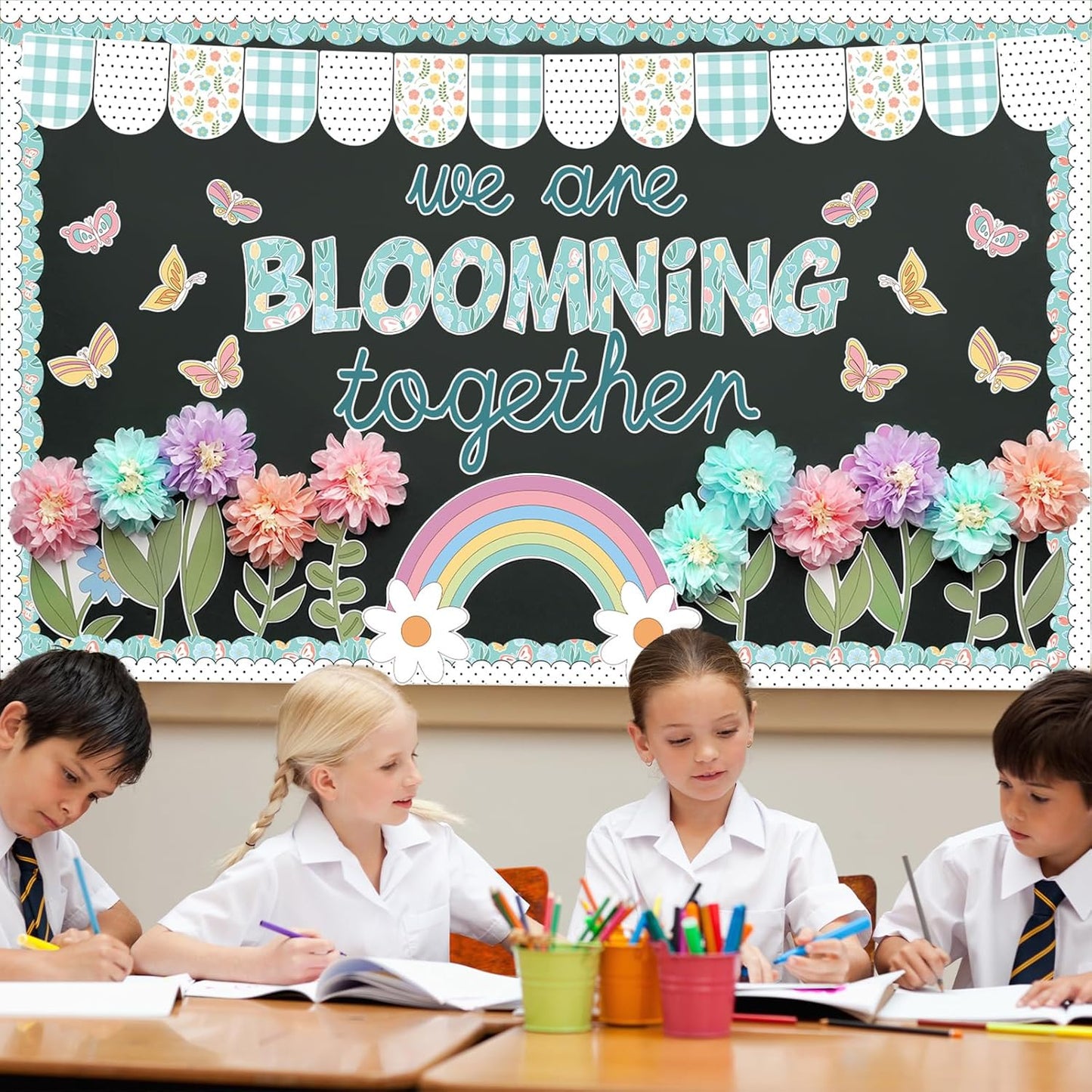 Regine Switzerland Flower Bulletin Board Set - 3D Tissue Paper Pompoms & Butterfly Cutouts for Classroom Decor