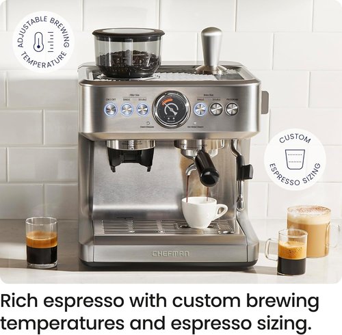 Chefman Crema Supreme Espresso Machine - 15 Bar Pressure, Milk Frother & Coffee Grinder, 3L Tank - Stainless Steel