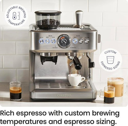 Chefman Crema Supreme Espresso Machine - 15 Bar Pressure, Milk Frother & Coffee Grinder, 3L Tank - Stainless Steel
