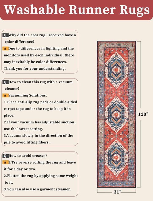**SERISSA Runner Rug - Washable Non-Slip Kitchen Rug | Vintage Rust Boho Design, 2'6"x10'**