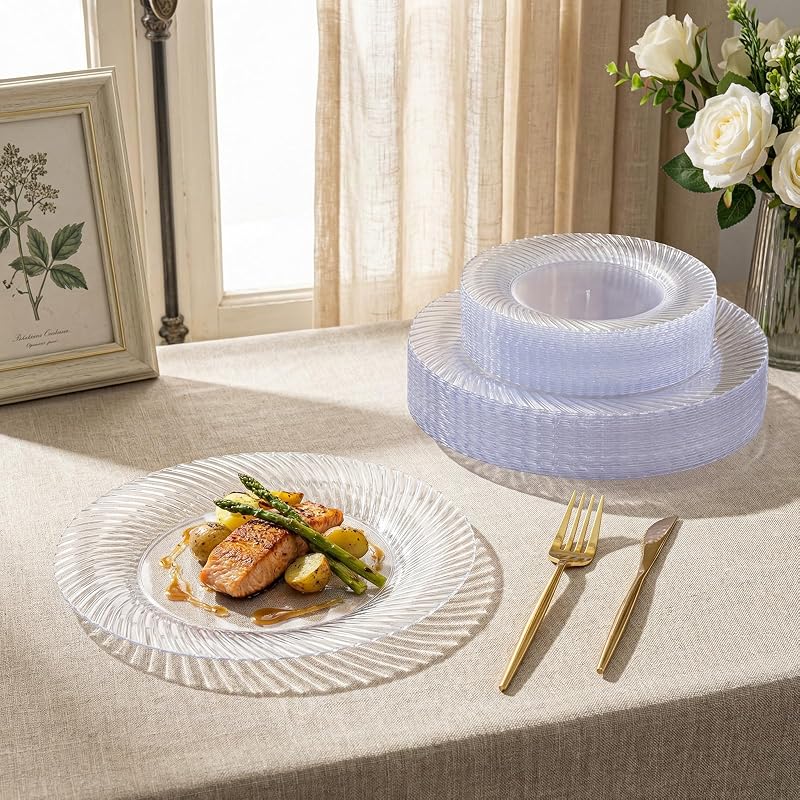 Clear 10-Inch Disposable Plates, 100 Pcs - Fancy Crystal Look, Food-Grade