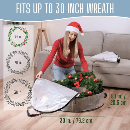 VENO Wreath Storage Container - 30 Inch Heavy Duty Clear Bag with Wall Hanging Handles | 2 Pack