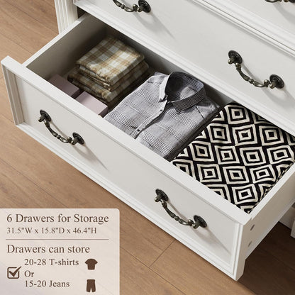 Regine Switzerland White 6-Drawer Dresser - Rustic Tall Chest with Chic Wood Pilasters | 47” Bedroom Organizer
