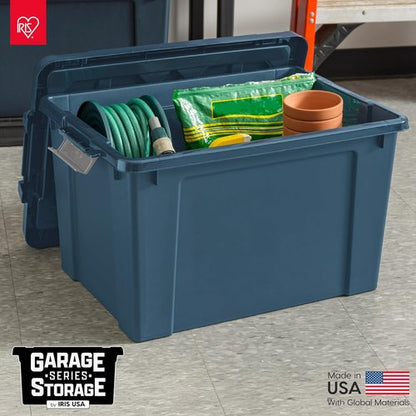 IRIS USA 20 Gallon Eco-Friendly Lockable Storage Bins - Heavy Duty, Stackable Containers, Navy | 4 Pack