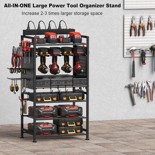 JUNNUJ Power Tool Organizer - Adjustable Floor Stand with Charging Station & 8 Outlet Power Strip | Heavy-Duty Black Utility Shelf