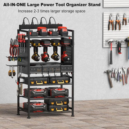JUNNUJ Power Tool Organizer - Adjustable Floor Stand with Charging Station & 8 Outlet Power Strip | Heavy-Duty Black Utility Shelf