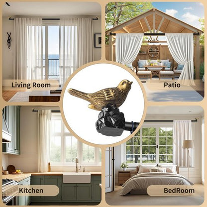 KVEEO Vintage Black Curtain Rod 18 to 45 Inches Curtain Rods for Windows Adjustable Heavy Duty Drapery Rod with Gold Bird Finials for Kitchen Window Living Room