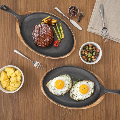 4 PCS Fajita Skillet, Cast Iron Skillet Set, Sizzler Plates With Wooden Base And Handle Cover, Steak Plates, Cast Iron Plates for Home Party Eating