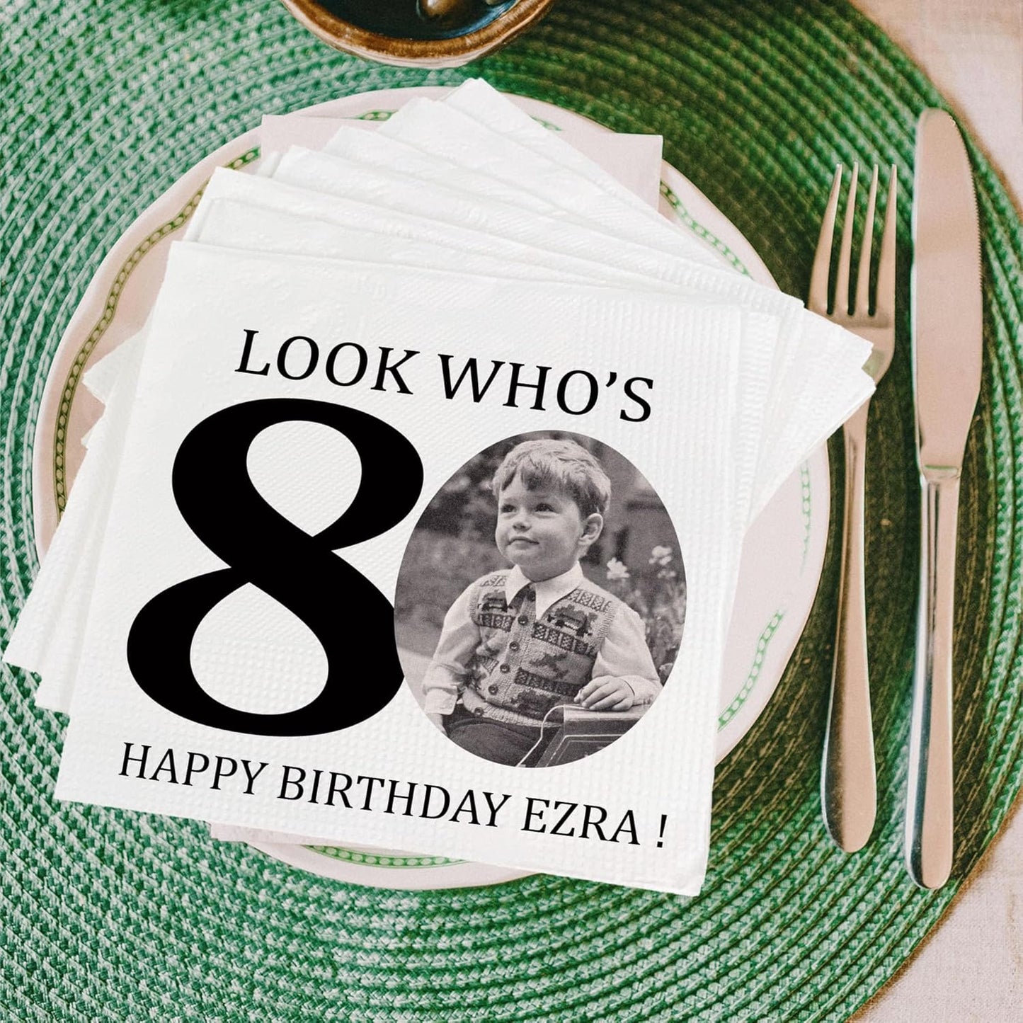Regine Switzerland Custom 80th Birthday Napkins - Personalized Look Who's 80 Design | Cocktail Beverage Party Supplies