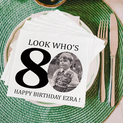 Regine Switzerland Custom 80th Birthday Napkins - Personalized Look Who's 80 Design | Cocktail Beverage Party Supplies