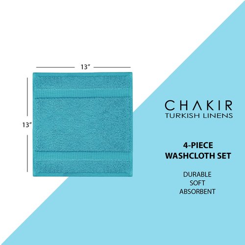 Chakir Turkish Linens | Hotel & Spa Quality 100% Cotton Premium Turkish Towels | Soft & Absorbent (4-Piece Washcloths, Aqua)