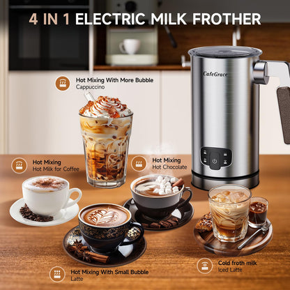 Milk Frother, 4-in-1 Milk Frother and Steamer, Electric Milk Steamer with Keep Warm Function, Automatic Warm and Cold Foam Maker for Coffee, Latte, Hot Chocolate, Macchiato, Cappuccinos