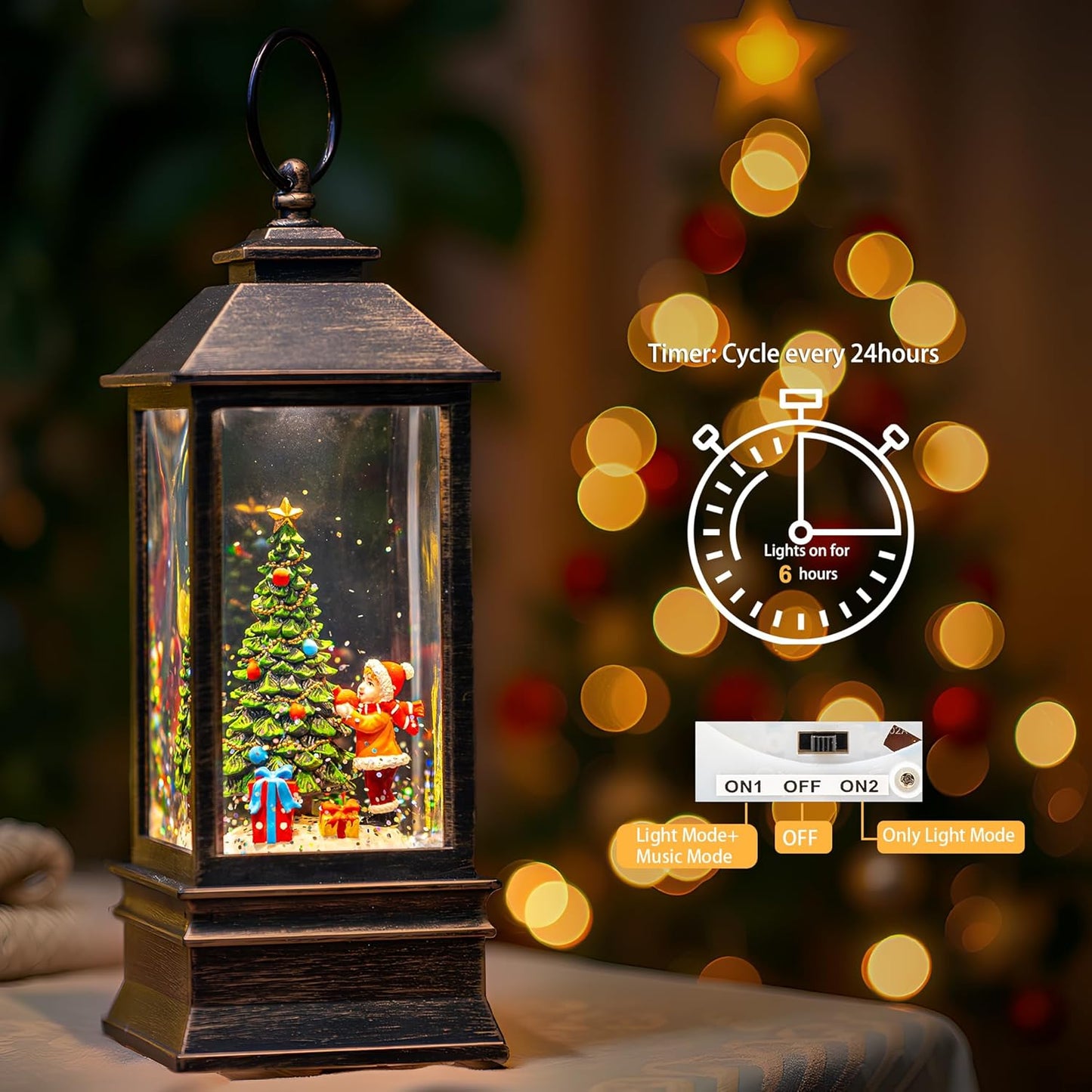 Skiennix 10'' Musical Snow Globe Lantern - Lighted Water Decoration with Swirling Glitter | Battery or USB Powered for Christmas Home Decor