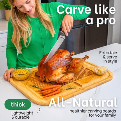 GREENER CHEF 24 Inch 2XL Organic Meat Carving Board with Lifetime Replacements - Wooden Butcher Block with Pour Spout, Turkey Platter for Holidays, Meat Cutting Board