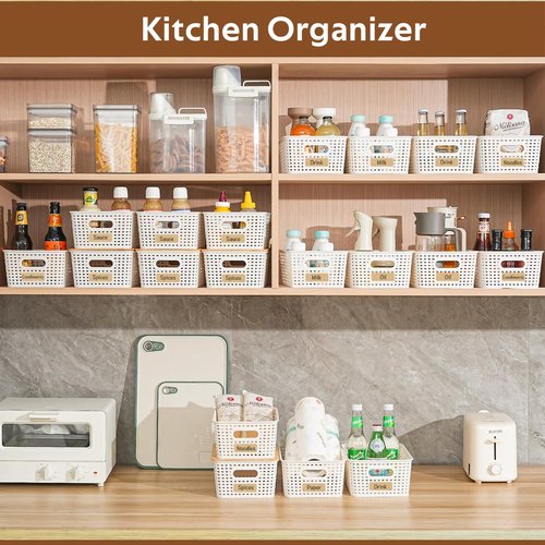 8 Pack Plastic Storage Bins by [Brand Name] - Stackable Baskets with Bamboo Lids for Pantry Organization