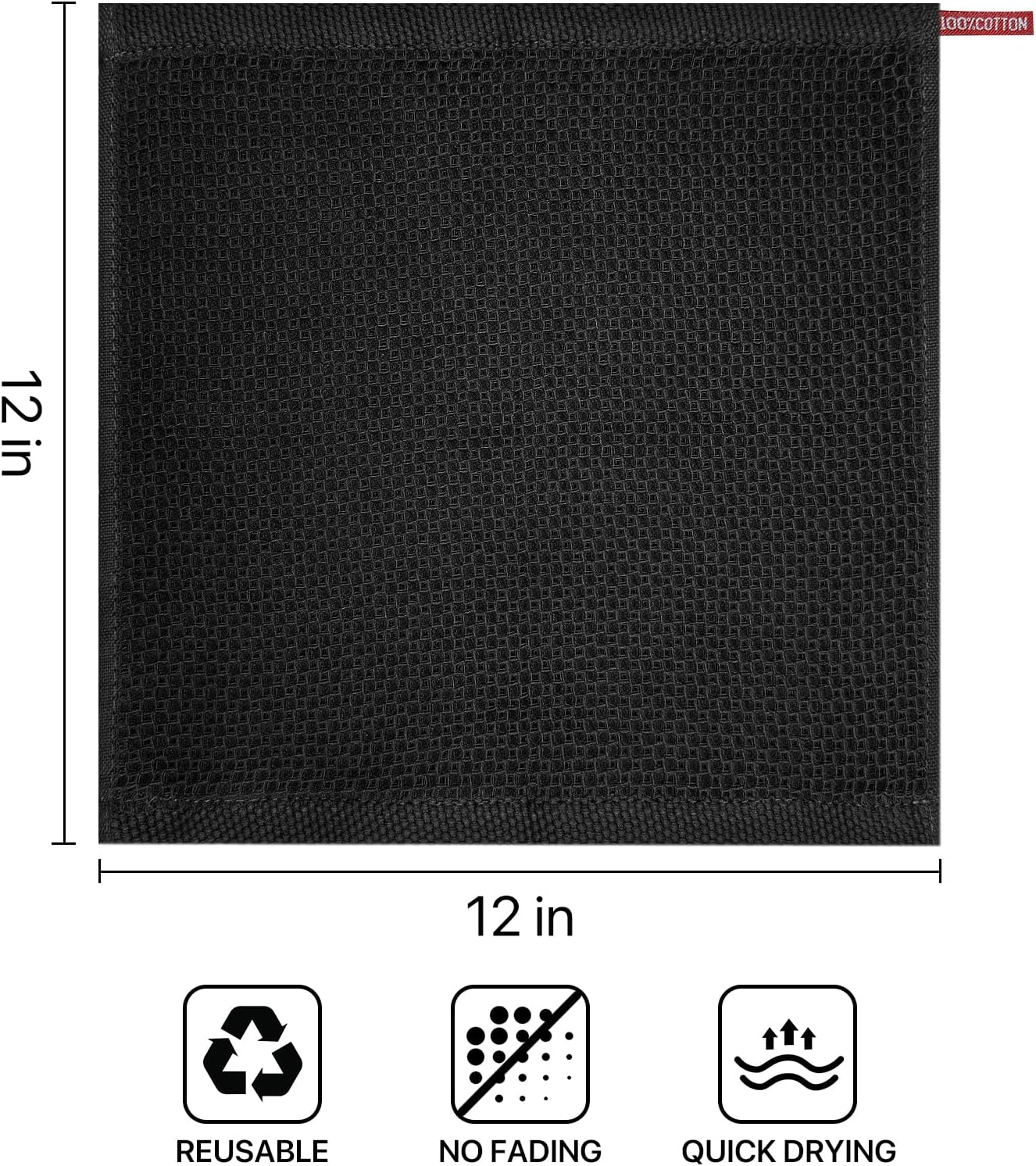 Skiennix 100% Cotton Waffle Weave Kitchen Towels - Ultra Soft & Absorbent, 6 Pack, 12x12 Inches | Black