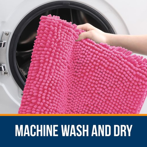 OLANLY Bathroom Rugs 40x32, Extra Soft Absorbent Chenille Bath Rugs, Rubber Backing Quick Dry, Machine Washable Bath Mats for Bathroom Floor, Tub and Shower, Home Decor Accessories, Hot Pink
