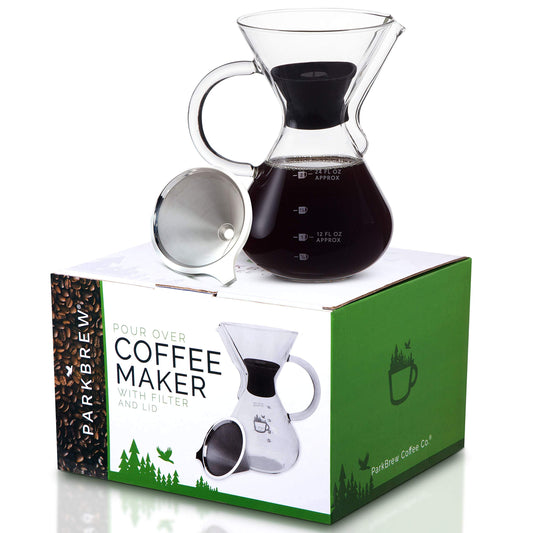 ParkBrew Pour Over Coffee Maker - set includes glass pourover carafe (up to 27 fl. oz.), heat retaining lid, and reusable coffee filter or dripper