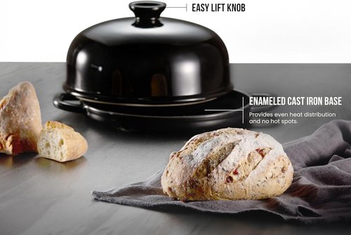 Kook Enameled Cast Iron Bread Oven - Versatile Baking Pan with Ceramic Lid & Handles | Black