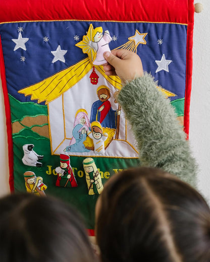 Pockets of Learning Joy To The World Nativity Advent Calendar - Festive Fabric Countdown Wall Hanging