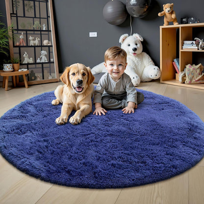 OLANLY Navy Blue Round Area Rug - Soft, Machine Washable 5 ft Shaggy Carpet for Bedroom & Living Room Decor