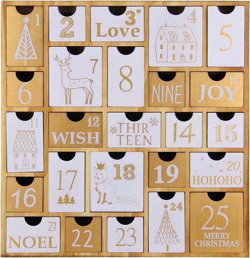 Juegoal Advent Calendar - 25 Refillable Wooden Drawers | Countdown to Christmas Gift for Kids - 12 Inches Tall
