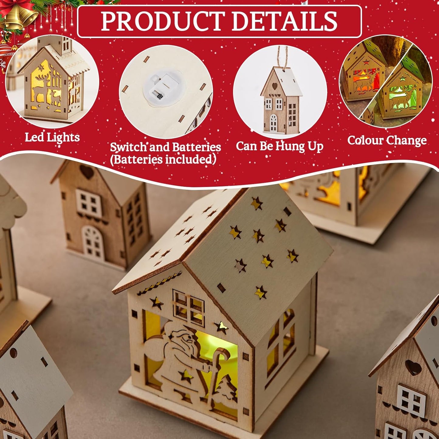 Skiennix 29-Piece Christmas Village Set - Lighted Wooden Houses with Miniature Trees & Ornaments