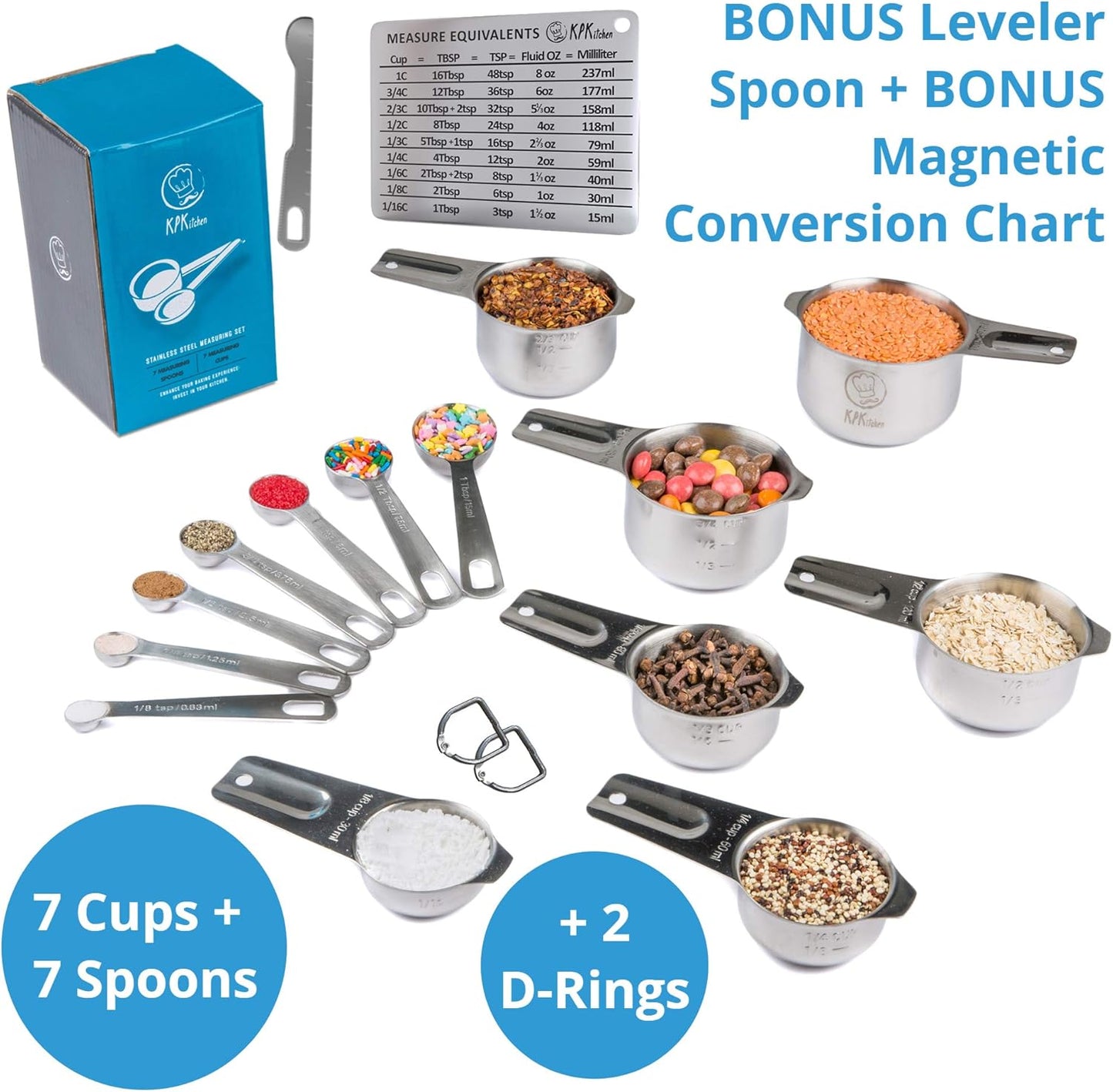 Stainless Steel Measuring Cups Set by Skiennix | 16-Piece Kitchen Set with Conversion Chart & Leveler