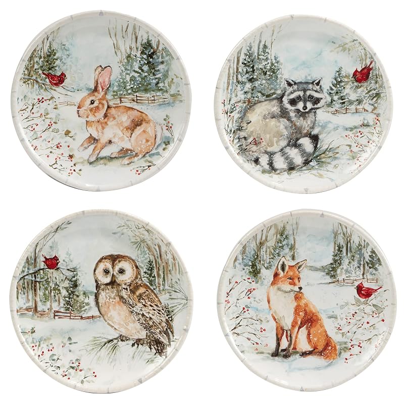 Winter’s Walk 16-Piece Ceramic Dinnerware Set for 4 | Handpainted Forest Animals