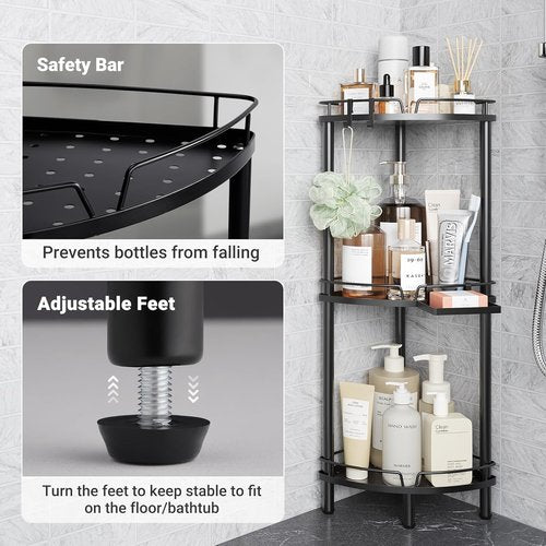 ELYKEN Corner Shower Caddy - 3-Tier Rustproof Metal Organizer with Soap Holder & Adjustable Feet - Black