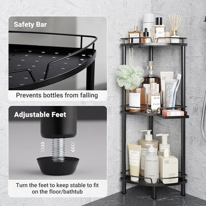 ELYKEN Corner Shower Caddy - 3-Tier Rustproof Metal Organizer with Soap Holder & Adjustable Feet - Black