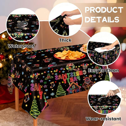 Disposable 54x108 Inch Christmas Tablecloths - 3 Pack Neons on Black Festive Holiday Cover