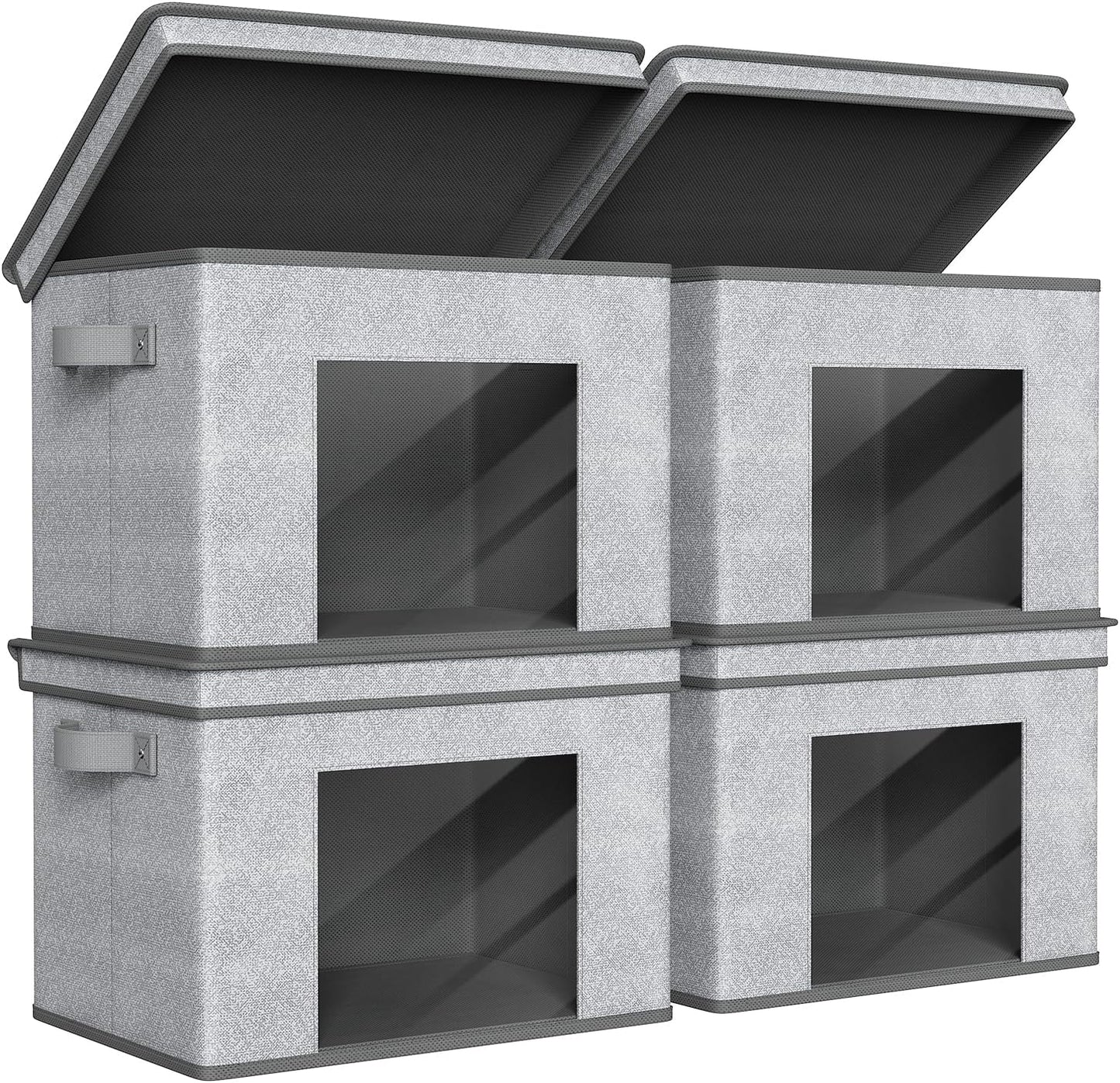 Univivi Foldable Fabric Storage Boxes - Large Collapsible Bins with Lids | 4-Pack Gray Organizer (17" x 12" x 12")