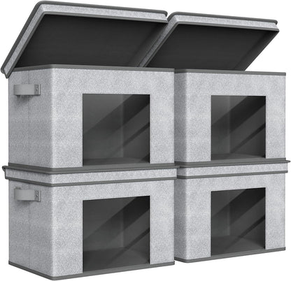 Univivi Foldable Fabric Storage Boxes - Large Collapsible Bins with Lids | 4-Pack Gray Organizer (17" x 12" x 12")