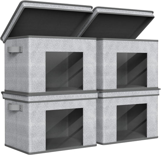 Univivi Foldable Fabric Storage Boxes - Large Collapsible Bins with Lids | 4-Pack Gray Organizer (17" x 12" x 12")