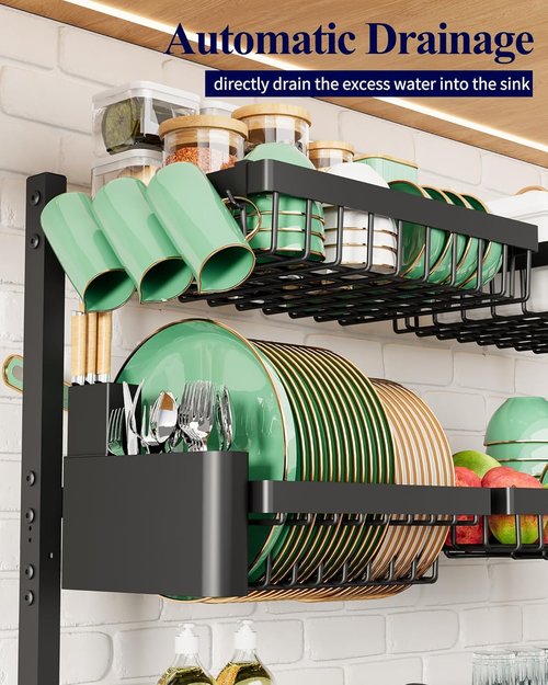 Kitsure Over The Sink Dish Drying Rack - Adjustable 31.5" to 39.4" Kitchen Rack with Multifunctional Baskets, Black