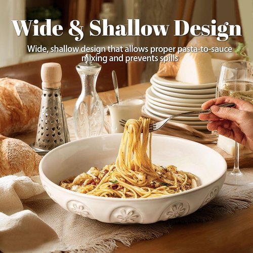 Artena Large Pasta Bowls Set of 4 - 50oz White Ceramic Salad & Soup Bowls | Microwave & Dishwasher Safe