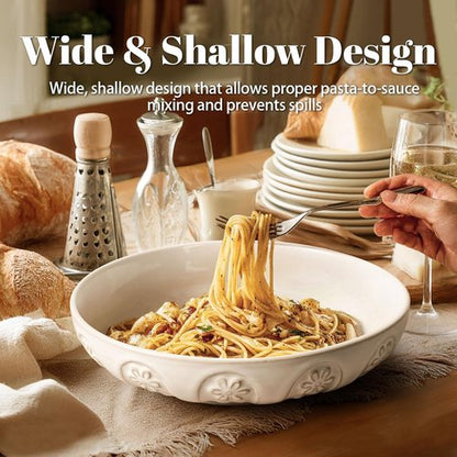 Artena Large Pasta Bowls Set of 4 - 50oz White Ceramic Salad & Soup Bowls | Microwave & Dishwasher Safe
